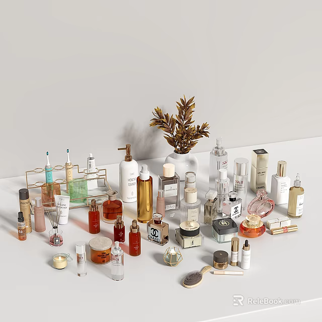 Luxurious Perfume And Cosmetics Display With Various Bottles Skincare Products And Decorative Dried Plants 3d model 