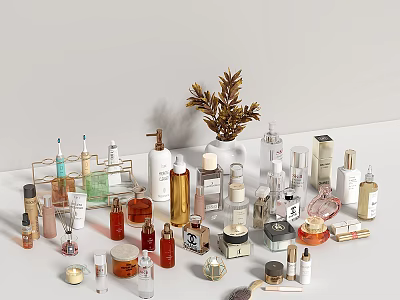 Luxurious Perfume And Cosmetics Display With Various Bottles Skincare Products And Decorative Dried Plants 3d model