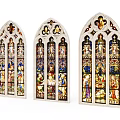 Three Gothic Stained Glass Windows Featuring Colorful Religious Figures And Ornate Patterns 3d model