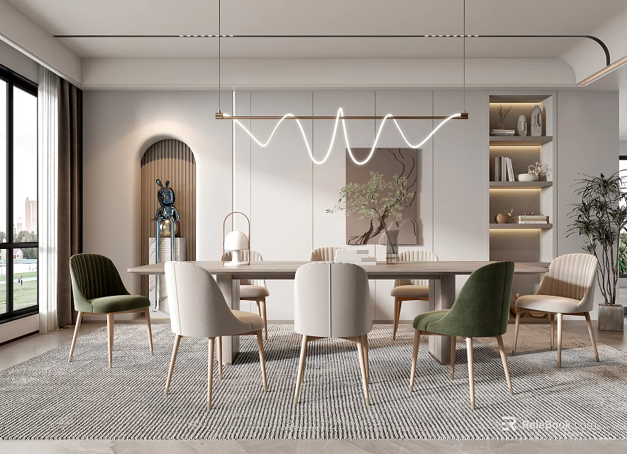 Elegant Modern Dining Room Interior With Green Beige Chairs Wave Pendant Light And Wall Art 3d model 