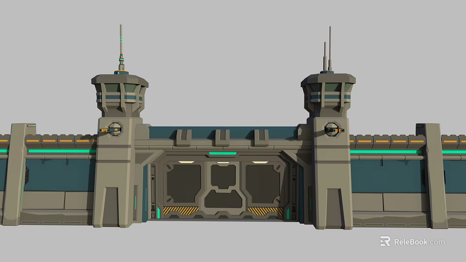 Futuristic Building Exterior Featuring Twin Towers Observation Windows Central Gate Gray Blue Green Accent Lines 3d model 