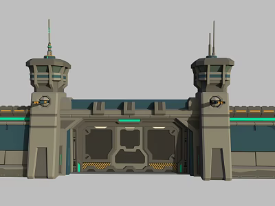 Futuristic Building Exterior Featuring Twin Towers Observation Windows Central Gate Gray Blue Green Accent Lines 3d model