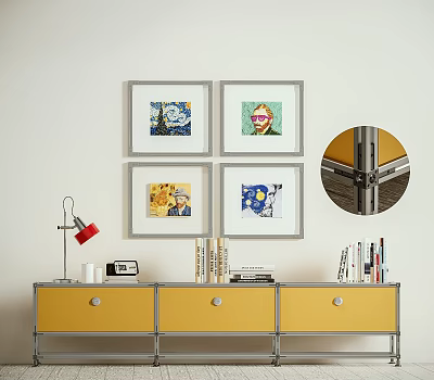 Yellow TV Stand with Red Desk Lamp Books and Four Framed Wall Artworks 3d model