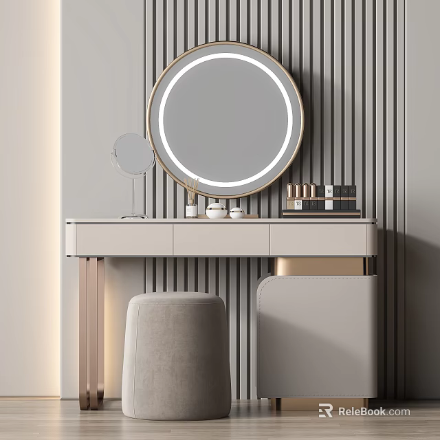 Modern Dressing Table with Round Gold Frame Mirror Small Mirror and Cosmetic Bottles 3d model 