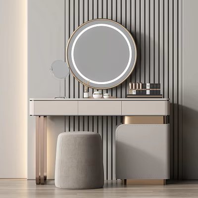 Modern Dressing Table with Round Gold Frame Mirror Small Mirror and Cosmetic Bottles 3d model