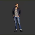 Woman in Dark Jacket and Patterned T-Shirt with Blue Jeans on Gray Background