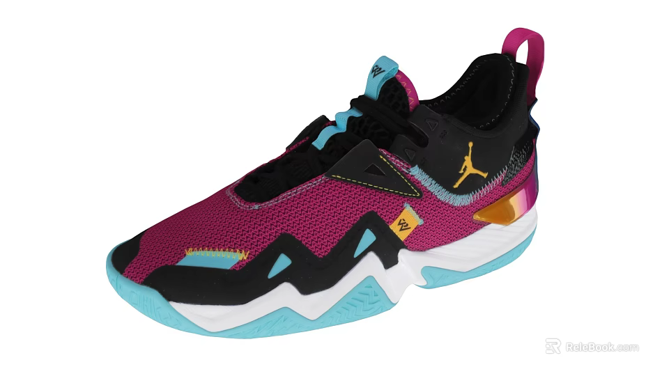 Mesh Shoes with Purple Black Blue Pink Accents Gold Jumpman Logo and Wavy White Sole 3d model 