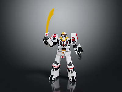 White Black Red Robot Toy Standing With Yellow Sword In Hand 3d model