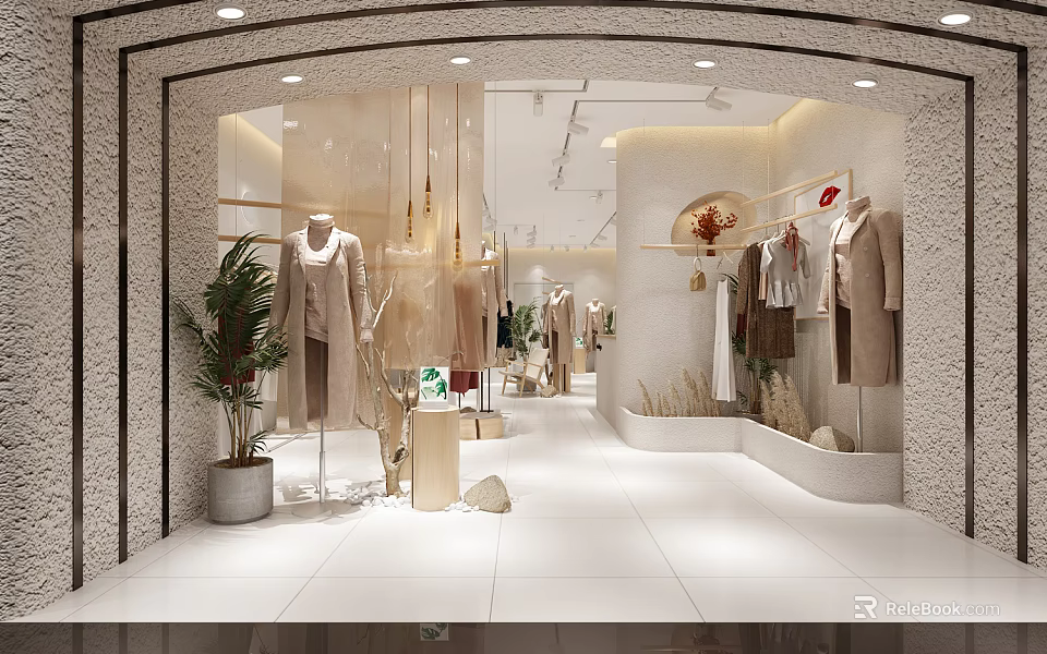 Modern Clothing Store Interior With Mannequins Clothes On Racks Plants Bright Lighting And White Flooring 3d model 
