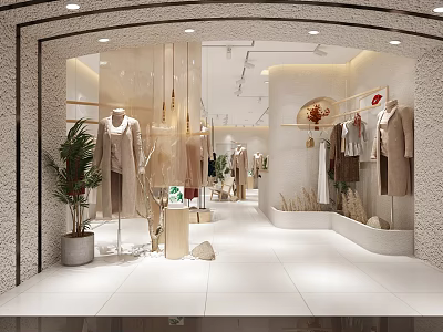 Modern Clothing Store Interior With Mannequins Clothes On Racks Plants Bright Lighting And White Flooring 3d model