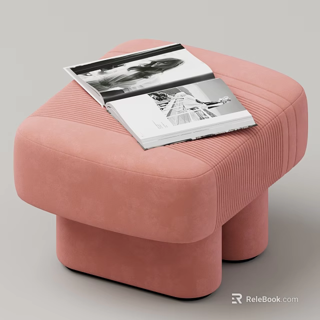 Pink Textured Upholstered Stool With Curved Legs And Open Magazine Placed On Top 3d model 