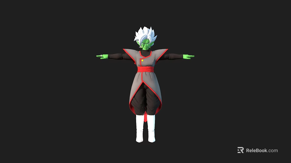 Green Skinned White Haired Character In Gray Robe With Red Sash And White Boots 3d model 