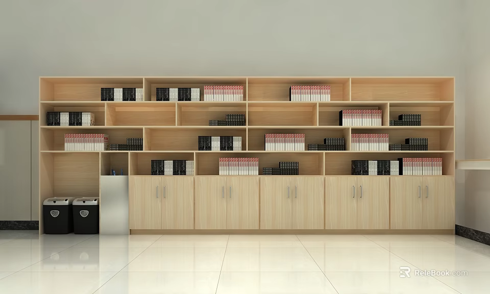 Modern Wooden Bookcase With Multiple Compartments Neatly Arranged Books And Storage Cabinets 3d model 