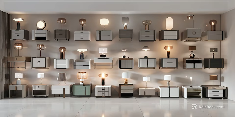 Modern Nightstands with Diverse Designs and Table Lamps in Multiple Styles 3d model