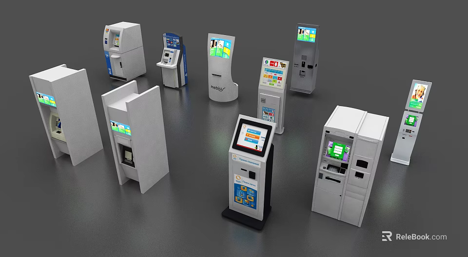 Public Facilities With Diverse Self Service Interactive Terminals And Payment Kiosks 3d model 