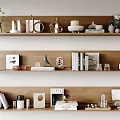 Modern Decorative Accessories Set on Wooden Shelves with Books Vase Sculptures and Photo Frames