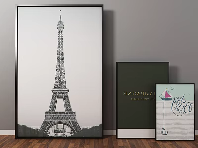 Black and White Eiffel Tower Landscape Painting Framed Wall Art Decorative Piece 3d model