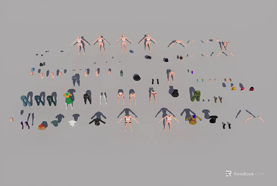 Assorted Clothing Apparel Display With Mannequins Hats Shoes And Fashion Items On Gray Background 3d model 