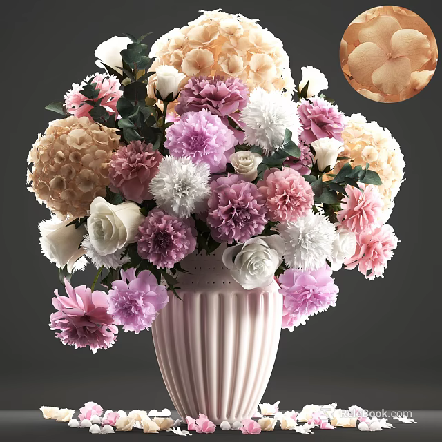Pink Striped Vase With Pink White And Beige Peonies Roses For Home Decoration 3d model 