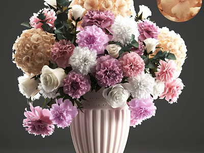 Pink Striped Vase With Pink White And Beige Peonies Roses For Home Decoration 3d model