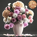 Pink Striped Vase With Pink White And Beige Peonies Roses For Home Decoration