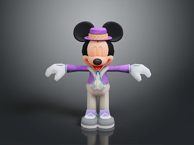 Mickey Mouse In Purple Outfit With Yellow Hat Colorful Vest White Gloves Open Arms 3d model