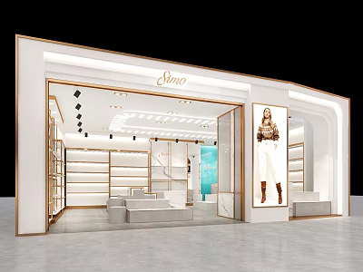 Demi Elegant Modern Clothing Store With Open Entrance Shelves Display Racks And Female Model Poster 3d model