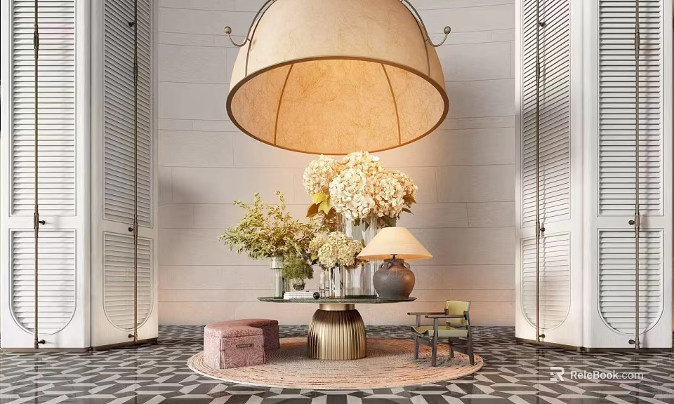 Elegant Hotel Lobby Interior With Large Chandelier Floral Arrangement And Seating Furniture 3d model 