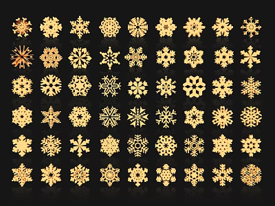 Artistic Intricate Snowflake Carvings with Various Golden Patterns on Black Background 3d model