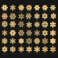 Artistic Intricate Snowflake Carvings with Various Golden Patterns on Black Background