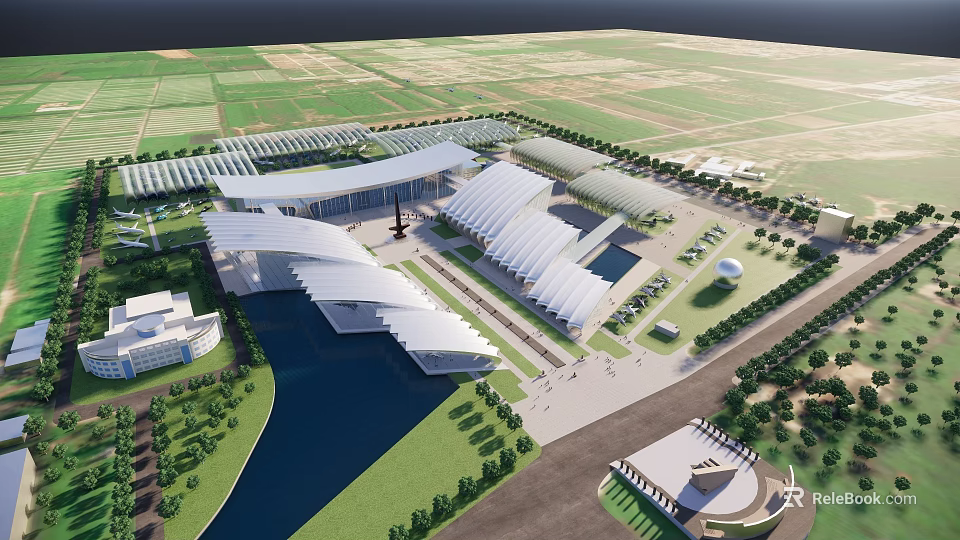 Modern Museum Building with Unique Curved Roofs Surrounded by Green Spaces and Water Body 3d model 