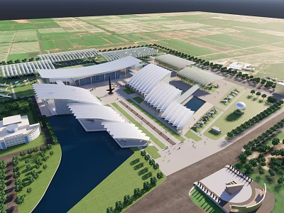 Modern Museum Building with Unique Curved Roofs Surrounded by Green Spaces and Water Body 3d model