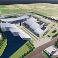 Modern Museum Building with Unique Curved Roofs Surrounded by Green Spaces and Water Body