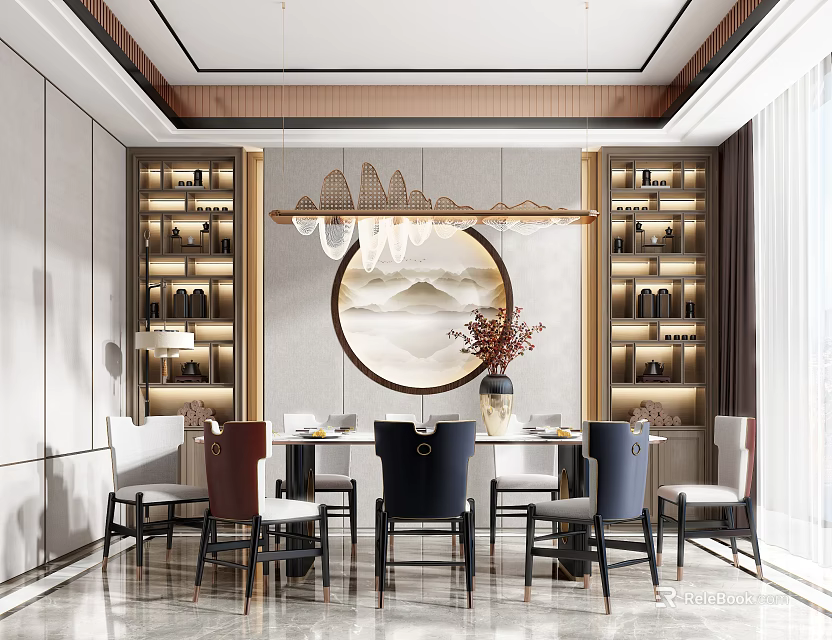 Luxurious Modern Restaurant Interior With Round Decorative Painting And Dining Table 3d model 