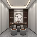 Bank Interior Space With Bookshelves Wooden Tables Chairs And Circular Ceiling Decoration