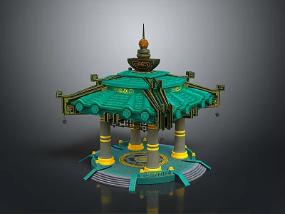 Traditional Style Pavilion With Green Roof Golden Decorations Yellow Pillars And Intricate Carvings 3d model