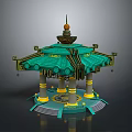 Traditional Style Pavilion With Green Roof Golden Decorations Yellow Pillars And Intricate Carvings