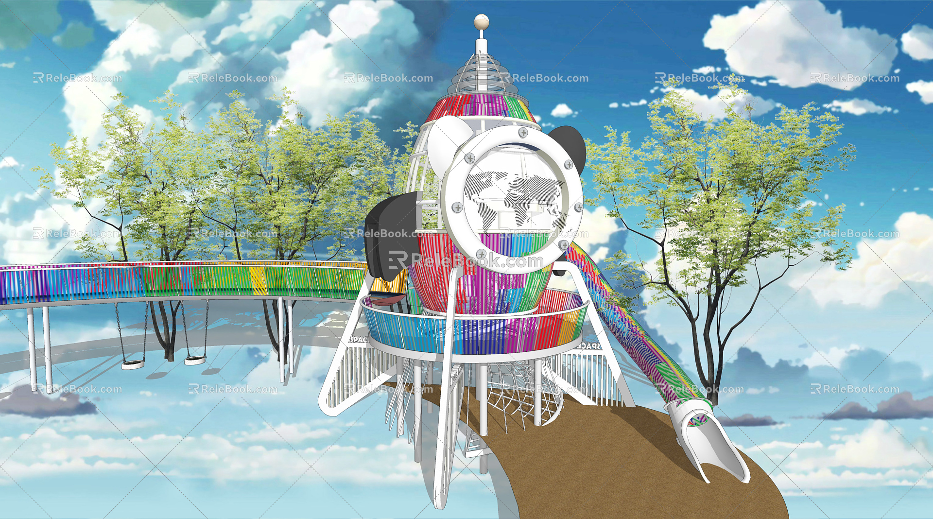 Modern Amusement Equipment Rocket Tree House Slide Rainbow Landscape Bridge 3d model