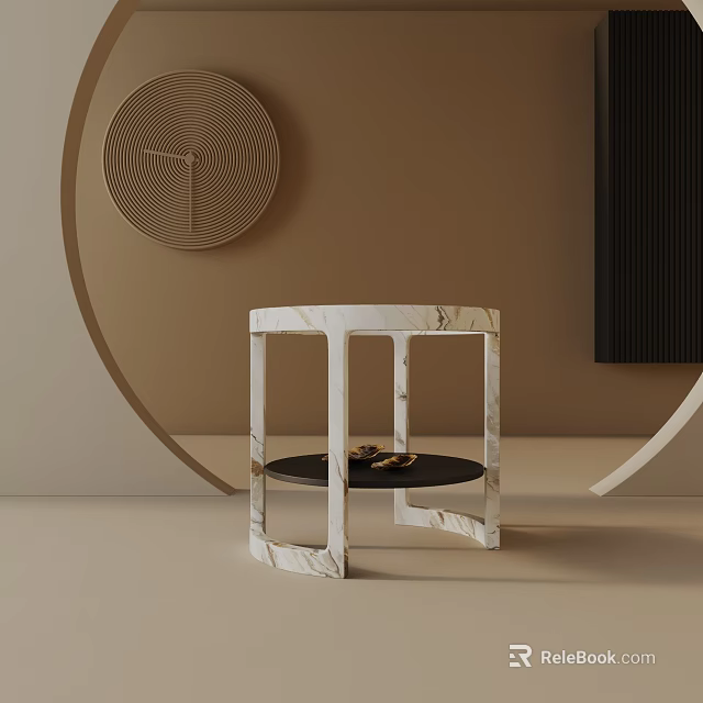 Modern Bedside Table With White Marble Top And Black Shelf In Minimalist Bedroom Design 3d model 