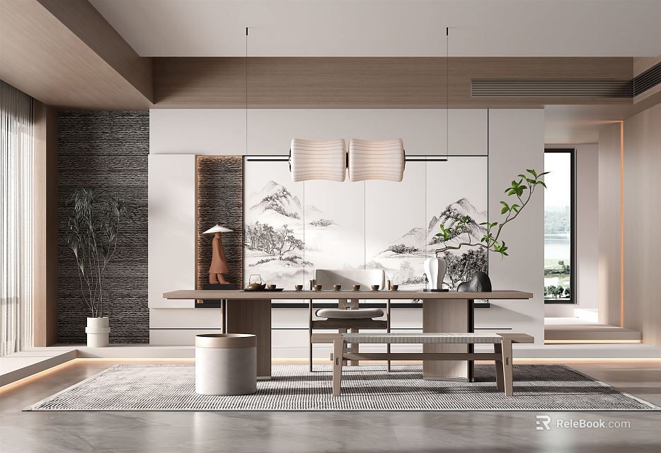 Traditional Tea Room Interior Design With Wooden Table Mountain Painting And Pendant Lights 3d model 