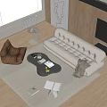 Modern Tufted Light Gray Sofa And Black Coffee Table Set With Books Decorative Items 3d model