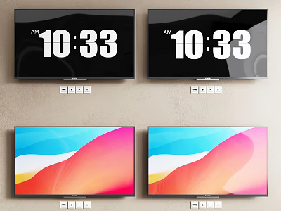 Four Modern Wall Mounted TVs Displaying Time 1033 and Colorful Wave Patterns 3d model