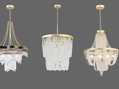 Three Elegant Hanging Crystal Chandeliers With Gold Finish And Transparent Beads 3d model
