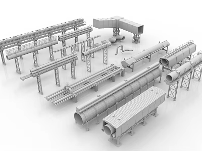 Industrial Pipeline System Components Including Support Frames And Various Pipe Sections 3d model