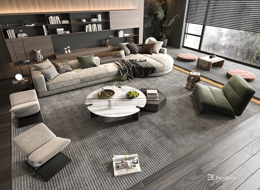 Modern Sectional Sofa And Coffee Table Set With Area Rug Green Plants And Bookshelves 3d model 
