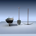 Vintage Metal Gardening Tools Display With Wheelbarrow Shovel And Hoe