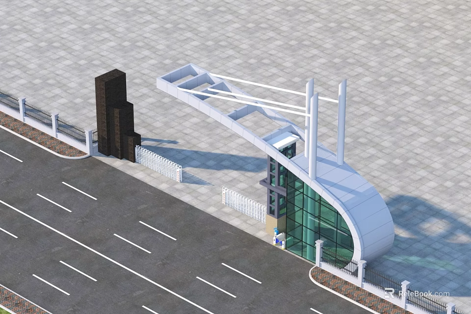 Modern Entrance Gate With Curved Roof Structure Glass Facade And White Railings 3d model 