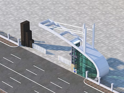 Modern Entrance Gate With Curved Roof Structure Glass Facade And White Railings 3d model