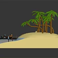 Cartoon Island Scene with Palm Trees Sandy Beach Water Swimming Sharks and Wooden Boat