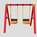 Double Swing Play Equipment With Red Frame Yellow Ropes Orange Seats And Blue Backrests